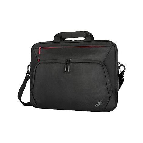 Schwarze Laptoptasche mit roten Reißverschlüssen, Schultergurt und Griff, ThinkPad-Logo.