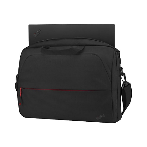 Schwarze Laptoptasche mit rotem Reißverschluss, Laptop teilweise sichtbar. ThinkPad-Logo.