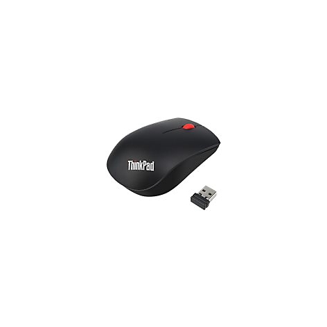 Schwarze ThinkPad-Maus mit rotem Scrollrad und USB-Dongle.