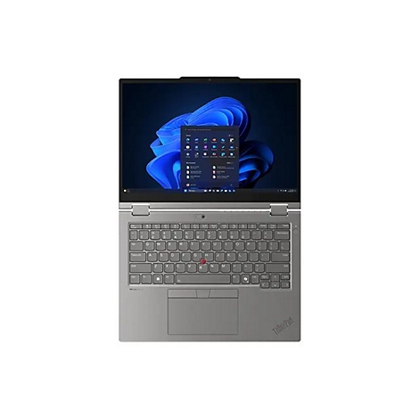 Hellgraues ThinkPad-Laptop von oben mit geöffnetem Deckel. Auf dem Bildschirm ist ein Windows-Desktop mit geöffneten Apps zu sehen.