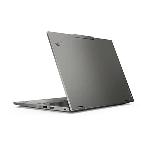 Grauer Laptop, teilweise geöffnet, mit ThinkPad-Logo auf dem Deckel. Der Laptop steht vor weißem Hintergrund.