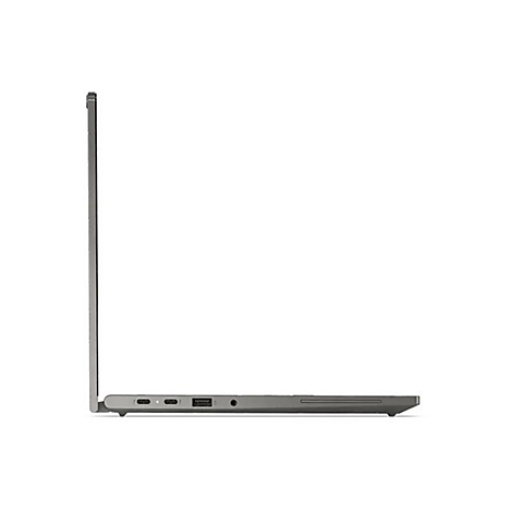 Grauer Laptop im Profil, geöffnet. Sichtbar sind Anschlüsse, USB-Anschluss und Kopfhöreranschluss.