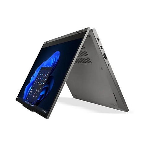 Ein graues Laptop ist halb geöffnet. Auf dem Bildschirm ist das Windows-Logo zu sehen, mit Menüleisten, geöffnet.