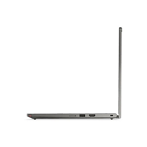 Grauer Laptop von der Seite, geöffnet. Schwarze Anschlüsse am Gehäuse, roter Akzent am Rand.