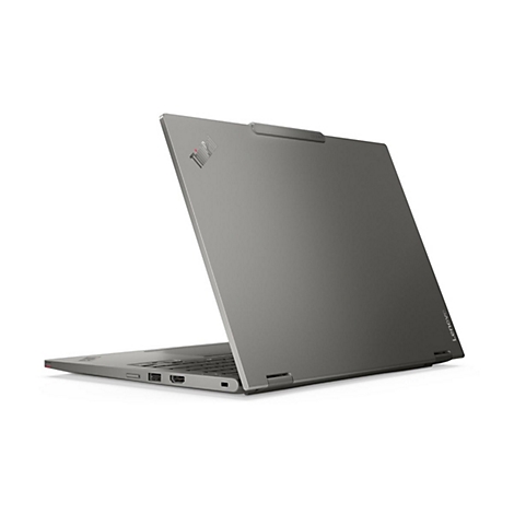 Grauer Laptop, leicht geöffnet auf weißem Hintergrund. Das ThinkPad-Logo ist deutlich sichtbar.