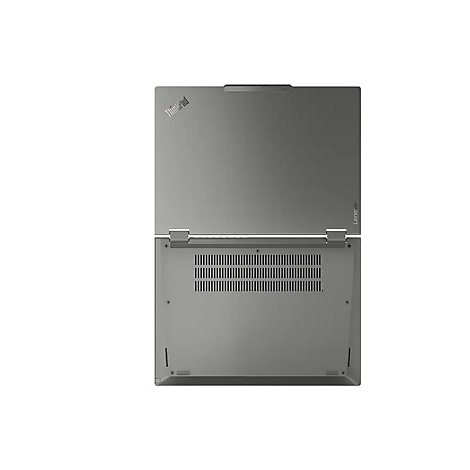 Grauer Laptop, von oben gesehen, geöffnet. Thinkpad-Logo auf dem Deckel.