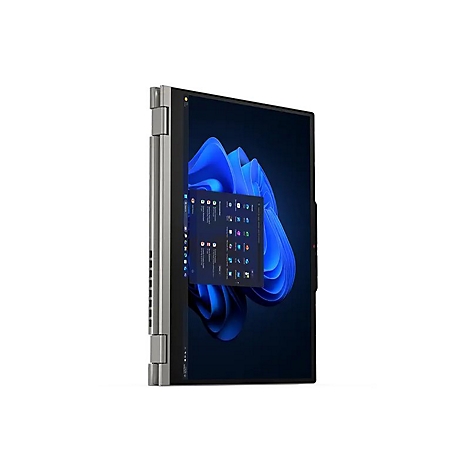 Ein graues Tablet im 90-Grad-Winkel geöffnet. Auf dem Bildschirm ist ein Windows-Desktop mit blauen Wellen zu sehen.