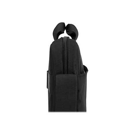 Sacoche pour ordinateur portable noire, gros plan latéral, fermeture éclair, poignée.