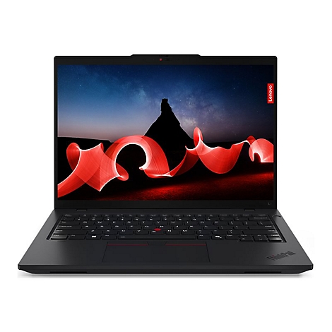Schwarzer Laptop mit geÃ¶ffnetem Bildschirm, der eine rote Lichtspur vor einem Berg zeigt. Lenovo-Logo rechts.