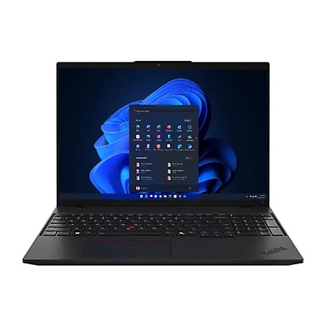 Schwarzer Laptop, Bildschirm zeigt Windows-StartmenÃ¼, auf weiÃŸem Hintergrund.