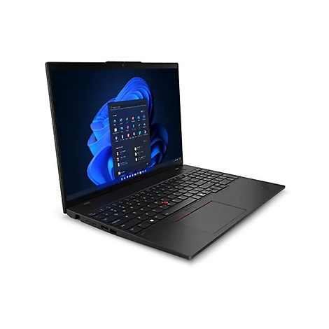 Schwarzes Notebook, leicht von oben links gesehen. Bildschirm zeigt Windows-OberflÃ¤che mit App-Symbolen.