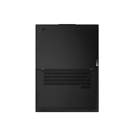 Ansicht von unten eines schwarzen Laptops. Oberer Teil glatt, unterer Teil mit LÃ¼ftungsschlitzen.