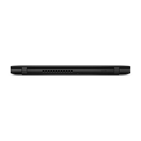 Seitenansicht eines schwarzen Laptops. KÃ¼hlrippen und AnschlÃ¼sse sichtbar.