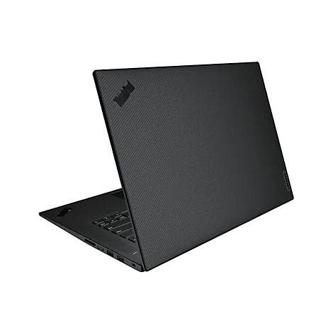 Schwarzes Lenovo ThinkPad Laptop mit strukturierter Oberfläche, geöffnet auf weißem Hintergrund.