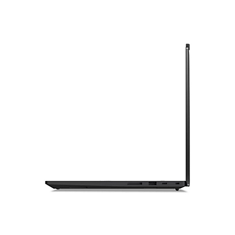 Schwarzes Laptop-Seitenprofil, das auf einer weißen Oberfläche platziert ist. Das Gerät ist geschlossen und zeigt Anschlüsse.