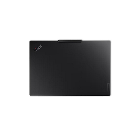 Schwarzes Laptop, Draufsicht. Thinkpad Logo links oben, Lenovo Logo rechts unten.
