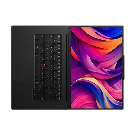Schwarzes ThinkPad Laptop, Ansicht von oben. Geöffnet, Bildschirm mit abstraktem Muster. Tastaturdetails sichtbar.