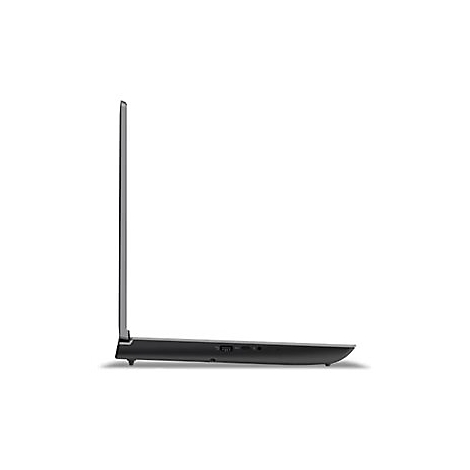 Schwarzes Laptop-Profil. Bildschirm geÃ¶ffnet, Seitenansicht. WeiÃŸe Hintergrund. Details und AnschlÃ¼sse unten.