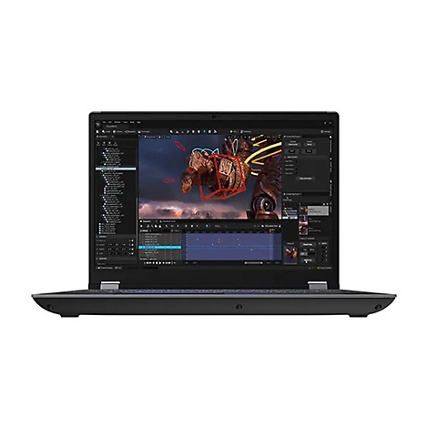 Schwarzes Notebook zeigt Filmschnitt-Software mit einem Roboterarm vor weiÃŸem Hintergrund.