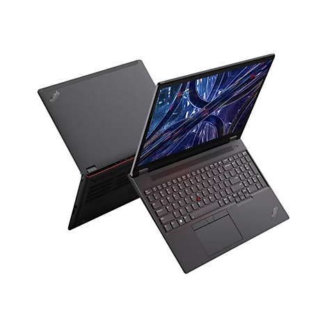 Dunkelgraues Notebook, teilweise geÃ¶ffnet, mit roter Akzentlinie. Tastatur, Touchpad und Bildschirm sind gut sichtbar. HintergrÃ¼nde sind weiÃŸ.