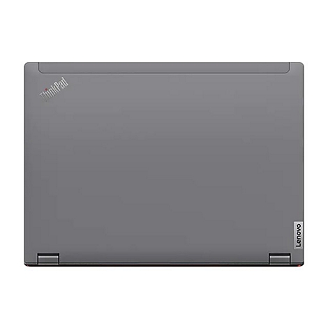 Grauer Laptopdeckel mit ThinkPad- und Lenovo-Logo. Beide Ecken zeigen Scharniere.