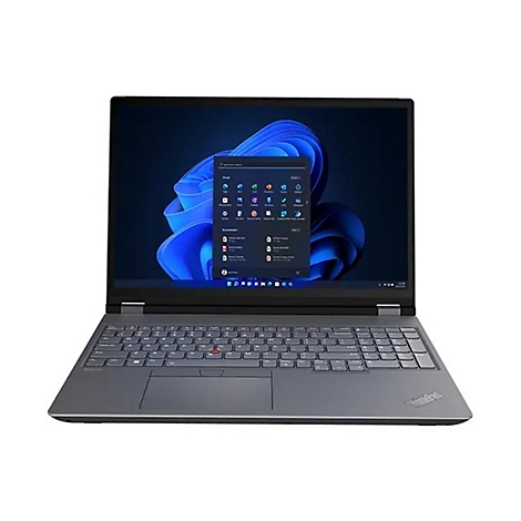 Dunkelgrauer Laptop, Display mit Windows-Hintergrund. Tastatur, Touchpad und roter Trackpoint. Das Logo ThinkPad ist sichtbar.