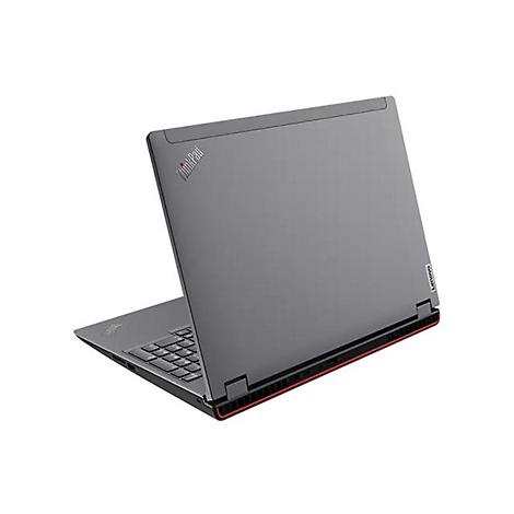 Dunkelgrauer Laptop, Thinkpad-Logo, roter Akzent. Aufgeklappt, Tastatur sichtbar.