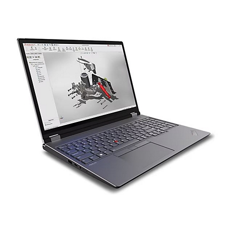 Grauer Laptop mit geÃ¶ffnetem Display, zeigt 3D-Konstruktionssoftware mit technischen Zeichnungen. Tastatur, roter Trackpoint, weiÃŸer Hintergrund.