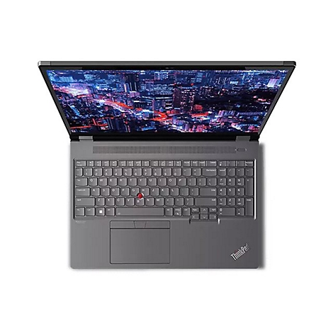 Draufsicht auf einen grauen Laptop mit offenem Bildschirm, der eine Stadtlandschaft zeigt. Tastatur, Touchpad und roter TrackPoint.