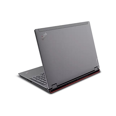 Grauer Laptop, teilweise geÃ¶ffnet, auf weiÃŸem Hintergrund. ThinkPad-Logo auf dem Deckel, rote Linie am hinteren Rand.