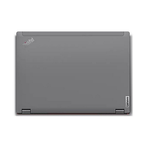 Ein graues ThinkPad-Laptop von Lenovo; die Oberseite ist zu sehen, mit dem ThinkPad-Logo und dem Lenovo-Schriftzug.