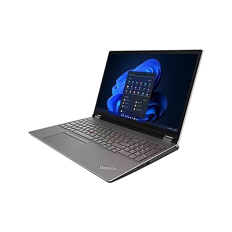 Grauer Laptop mit geÃ¶ffnetem Display, auf dem Windows 11 mit Symbolen angezeigt wird. Auf der Tastatur befindet sich ein roter TrackPoint.