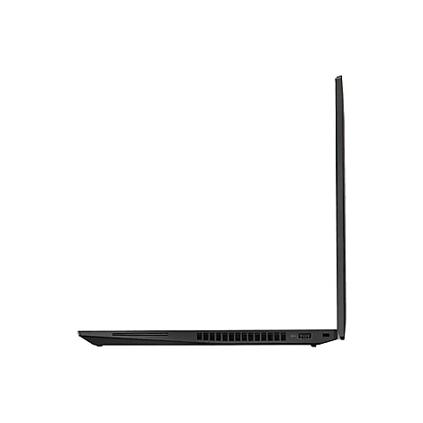 Ein schwarzes Laptop-Profil vor weißem Hintergrund. Die Kanten sind scharf, mit mehreren Anschlüssen auf einer Seite.