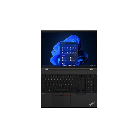 Schwarzer Laptop mit geÃ¶ffnetem Display. Windows-OberflÃ¤che mit blauer Animation. Schwarze Tastatur mit rotem Trackpoint.