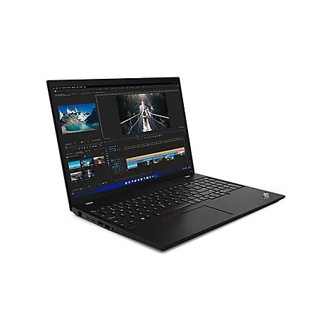 Schwarzes Laptop, geÃ¶ffnet mit Video-Editing-Software. Der Bildschirm zeigt eine Berglandschaft und eine BrÃ¼cke. Ein roter Trackpoint ist zu sehen.
