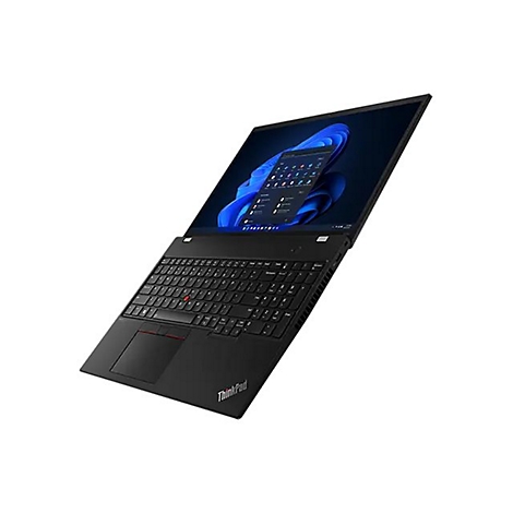 Schwarzes Laptop in SchrÃ¤gansicht, Bildschirm zeigt Windows-Hintergrund. Tastatur mit rotem Trackpoint, Touchpad. Marke ThinkPad.