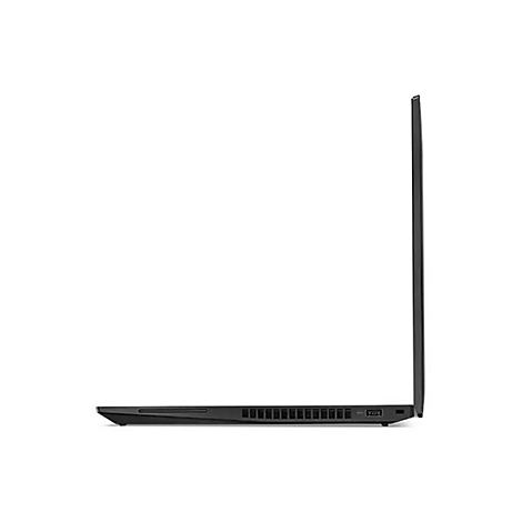 Schwarzer Laptop im Profil. Bildschirm hochgeklappt, auf weiÃŸem Hintergrund.