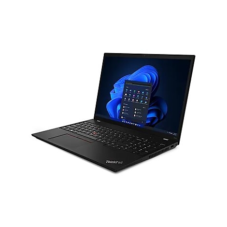 Schwarzes ThinkPad-Laptop mit geÃ¶ffnetem Bildschirm, der Windows 11 mit Apps zeigt.