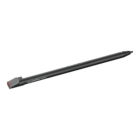 Schwarzer Lenovo-Stift auf weißem Hintergrund. Der Stift hat zwei Knöpfe, die Aufschrift „Lenovo Integrated Pen“ und eine graue Spitze.