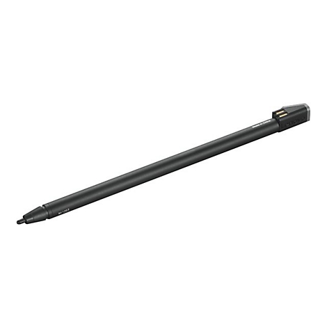 Schwarzer Lenovo-Stift auf weißem Hintergrund. Der Stift hat eine längliche Form, mit den Aufschriften „Made in China“ und „Lenovo“.