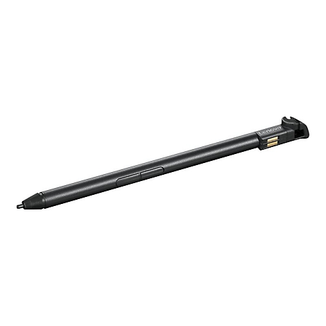 Schwarzer Lenovo-Stylus-Stift, liegt diagonal auf weißem Hintergrund. Mit Logo und Knöpfen.