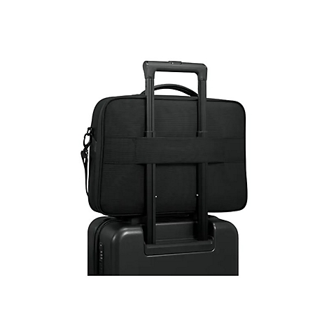 Mallette noire sur une valise noire avec une poignée rétractable.