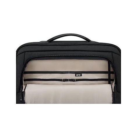 Vue intérieure d'un sac à dos noir avec plusieurs compartiments. Une étiquette indique: RFID.