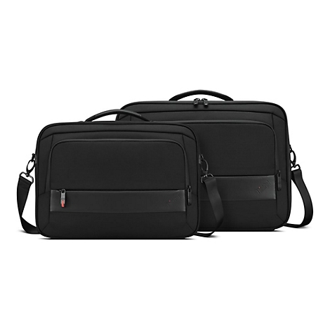 Zwei schwarze Laptoptaschen nebeneinander, mit Schultergurten, Henkeln und Reißverschlüssen.
