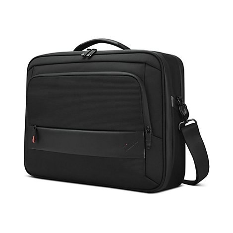 Schwarze Laptoptasche mit Tragegriff, Schultergurt und Reißverschlüssen, Thinkpad-Logo.