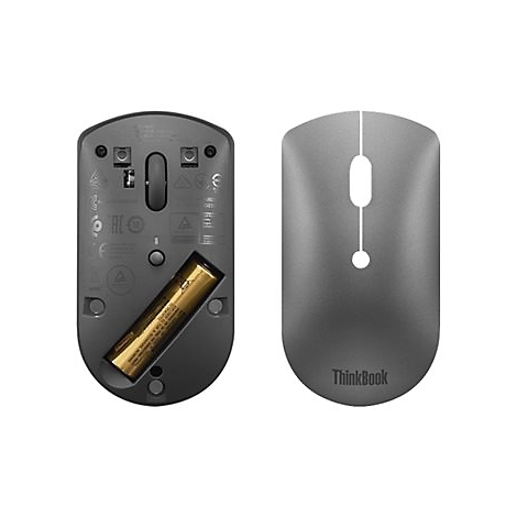 Ansicht von Unter- und Oberseite einer grauen ThinkBook-Maus. Auf der Unterseite befinden sich eine Batterie und technische Details, auf der Oberseite ein weiÃŸes Loch.