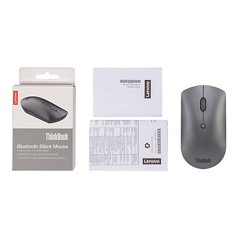 Graue Lenovo ThinkBook Bluetooth Silent Mouse, Box und Dokumente auf weiÃŸem Grund.