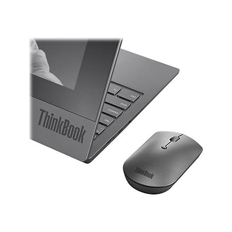 Grauer Laptop und Maus, beide mit ThinkBook-Logo, auf weißem Hintergrund.