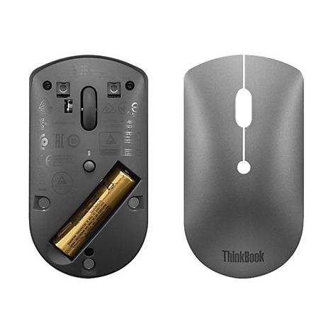 Draufsicht und Unterseite einer grauen ThinkBook-Funkmaus mit eingelegter AA-Batterie.