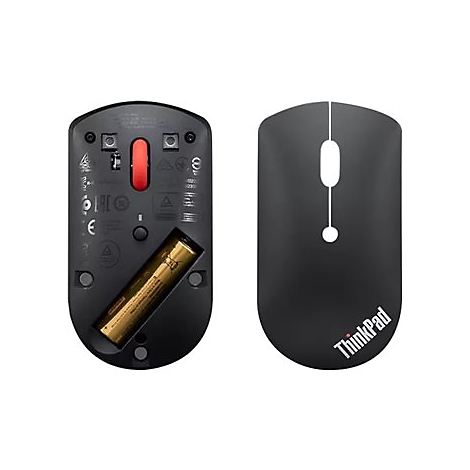 Schwarze Computermaus mit ThinkPad-Logo. Auf der Unterseite: Batteriefach, roter Knopf. Oben: Mausknöpfe, Rollrad.